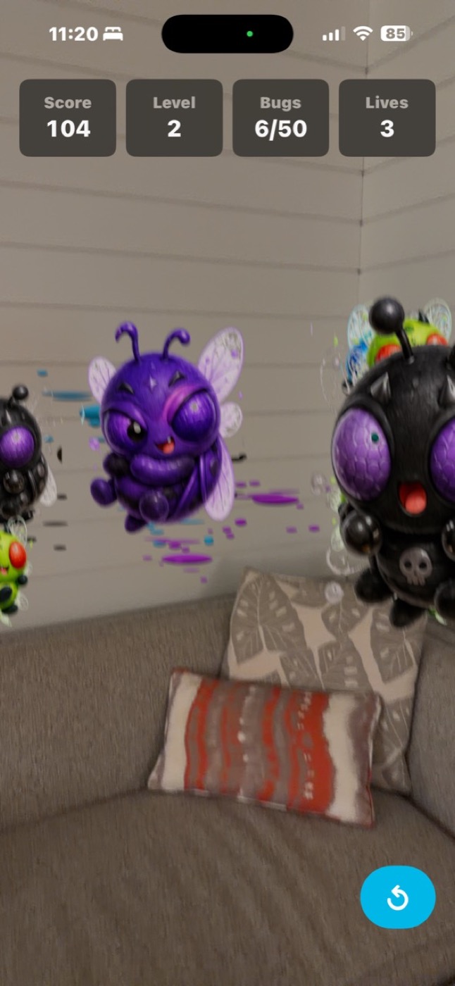 Bug Splash AR iPhone gameplay with Level 2 bugs